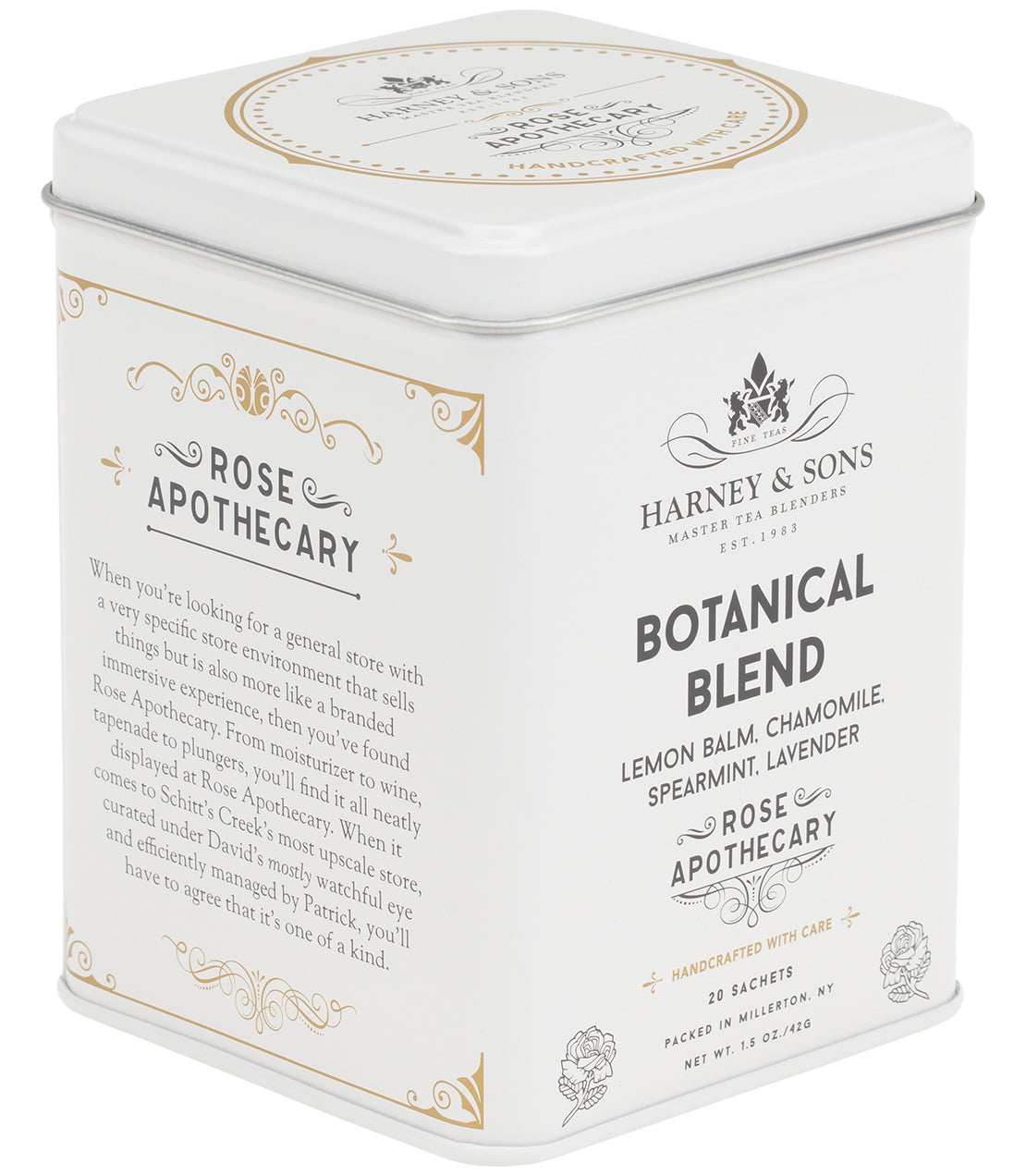 Tin of 20 sachets of Botanical Blend tea featuring lemon balm, chamomile, spearmint, and lavender.