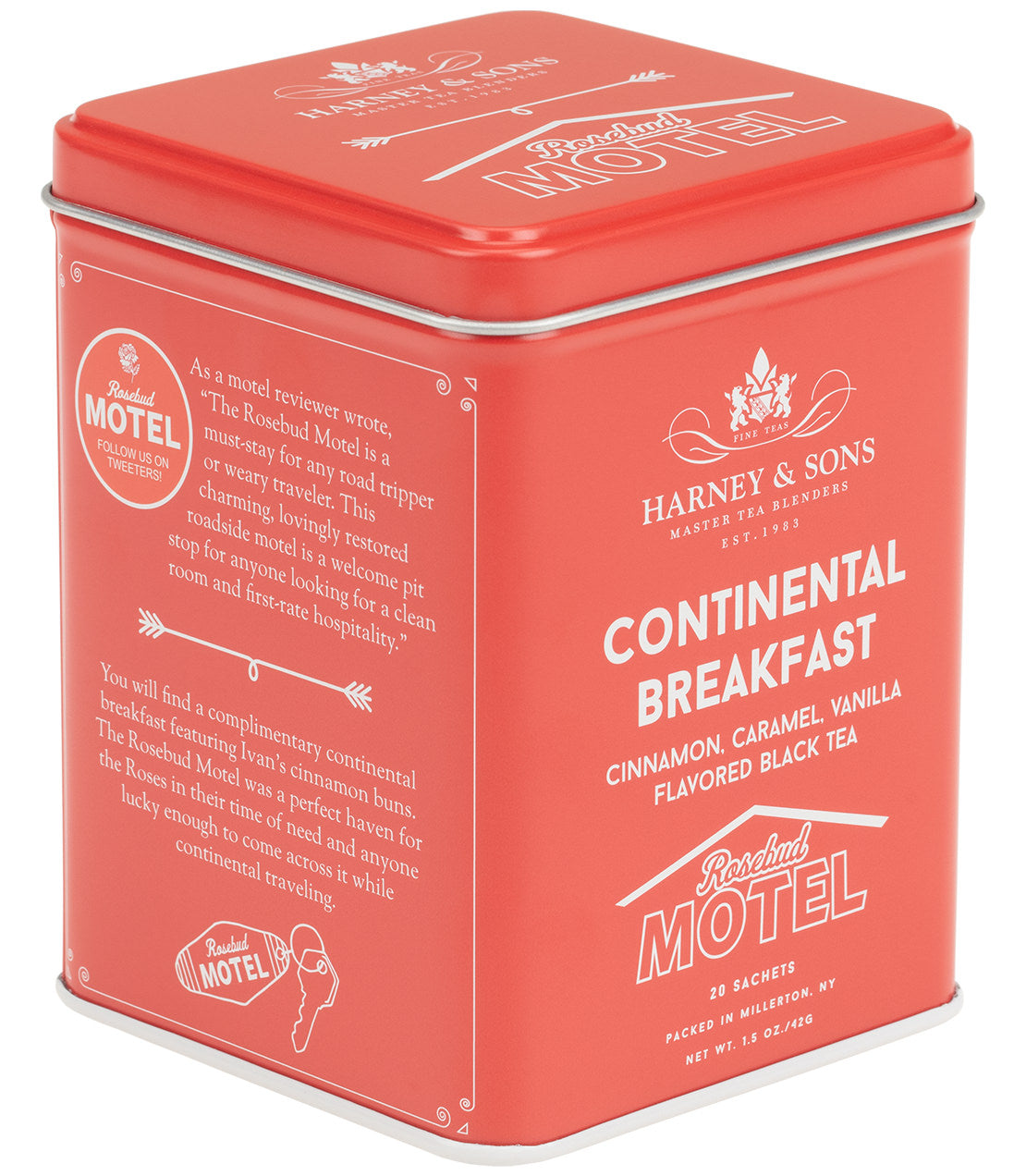 Red tin of 20 sachets of Continental Breakfast tea, featuring cinnamon and caramel vanilla flavors.
