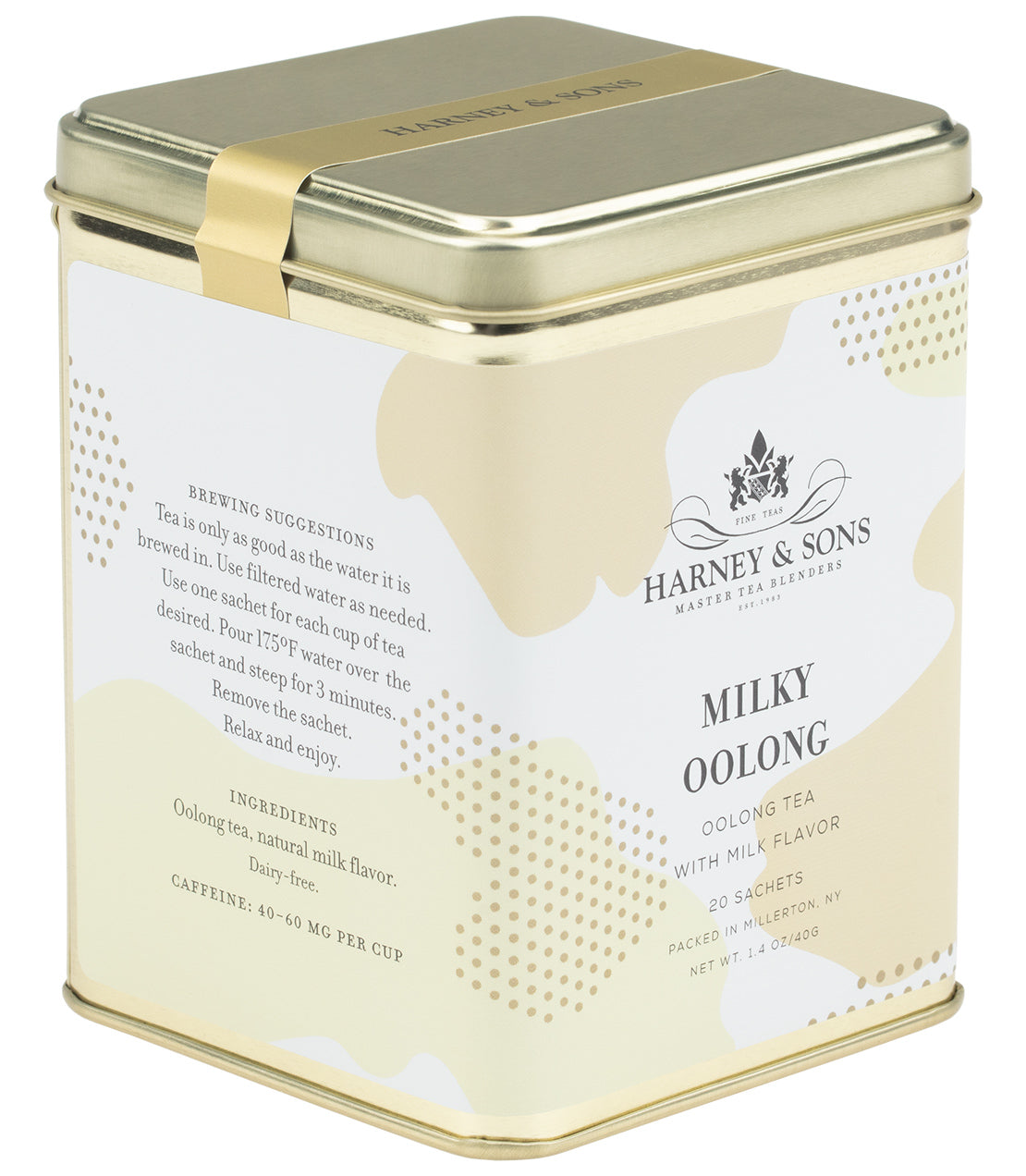 Gold and white tin of Milky Oolong tea by Harney & Sons, featuring 20 sachets and brewing suggestions.