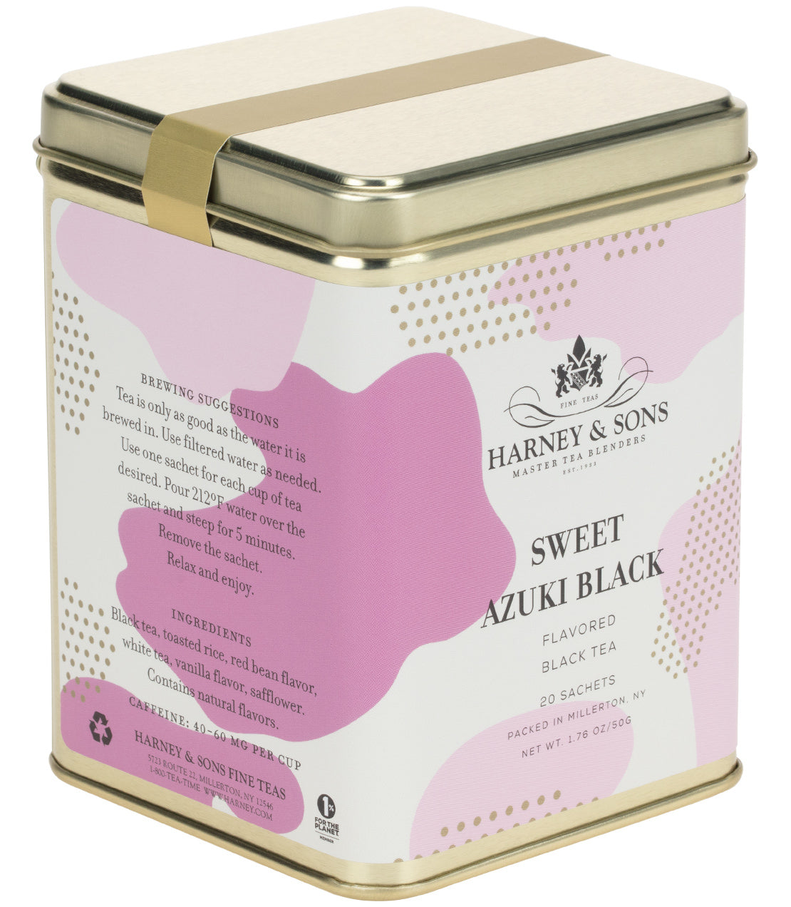 Sweet Azuki Black tea tin with 20 sachets, featuring a colorful design and brewing suggestions.