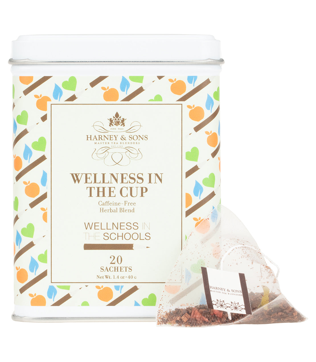 Tin of 20 sachets of "Wellness in the Cup," a caffeine-free herbal blend by Harney & Sons.