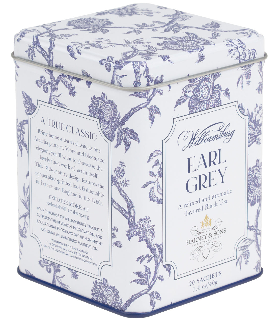 Elegant tin of Williamsburg Earl Grey tea sachets, featuring floral design, contains 20 aromatic black tea sachets.