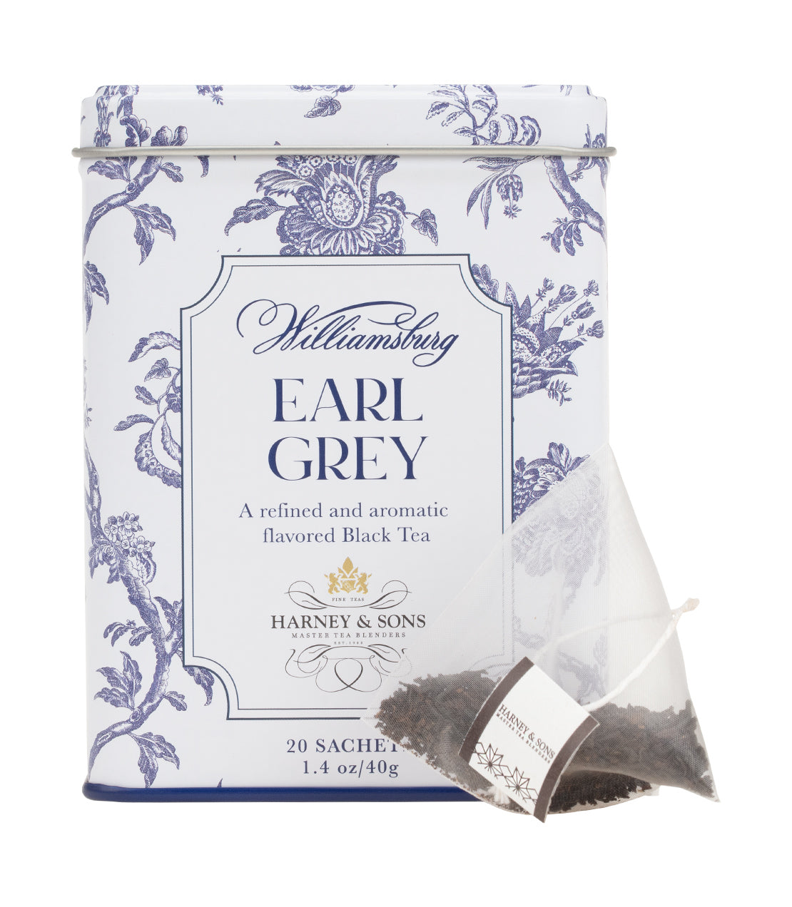 Williamsburg Earl Grey tea tin with 20 sachets, featuring elegant blue floral design and black tea description.