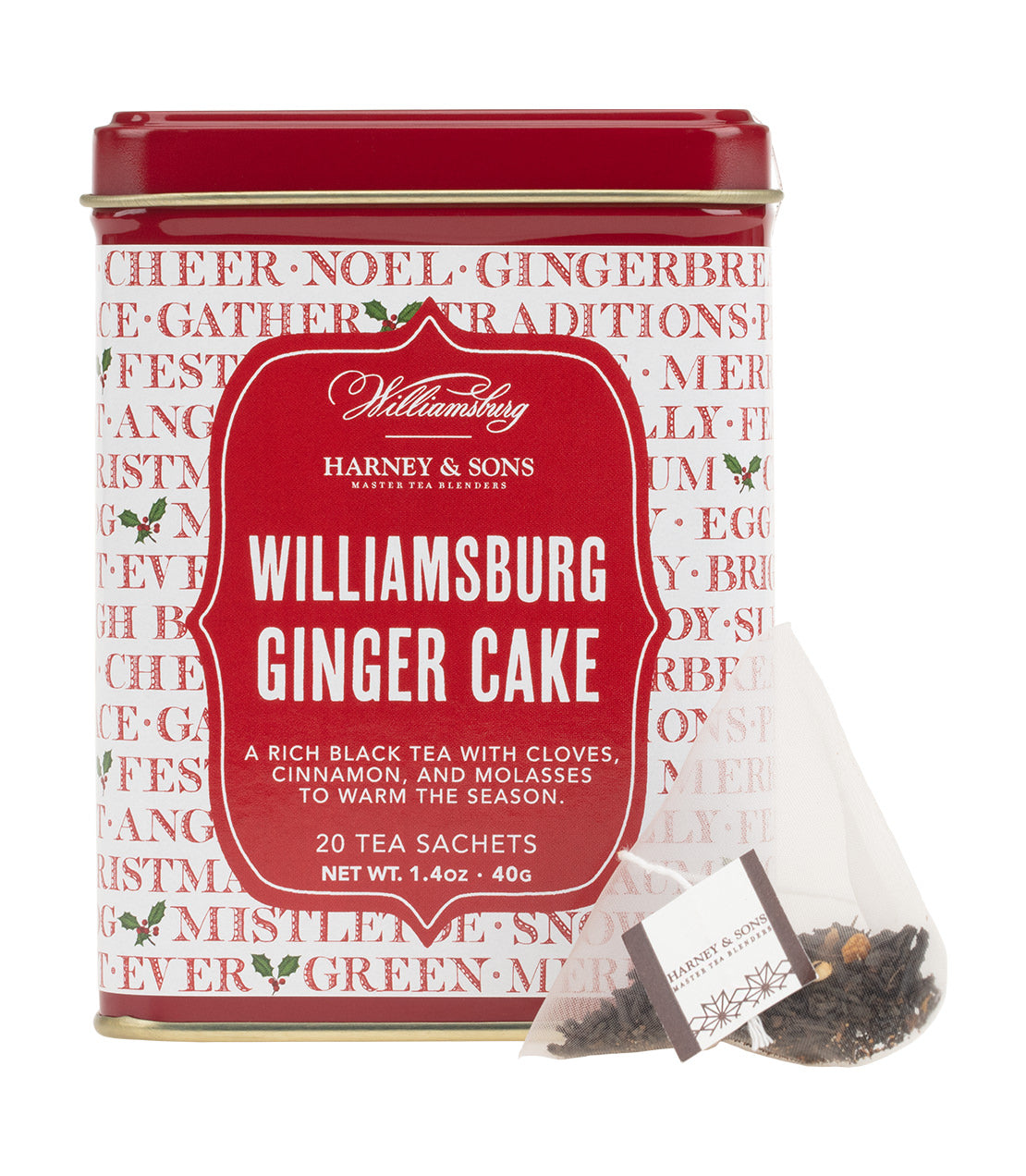 Williamsburg Ginger Cake tea tin with 20 sachets, featuring a festive design and rich black tea blend.
