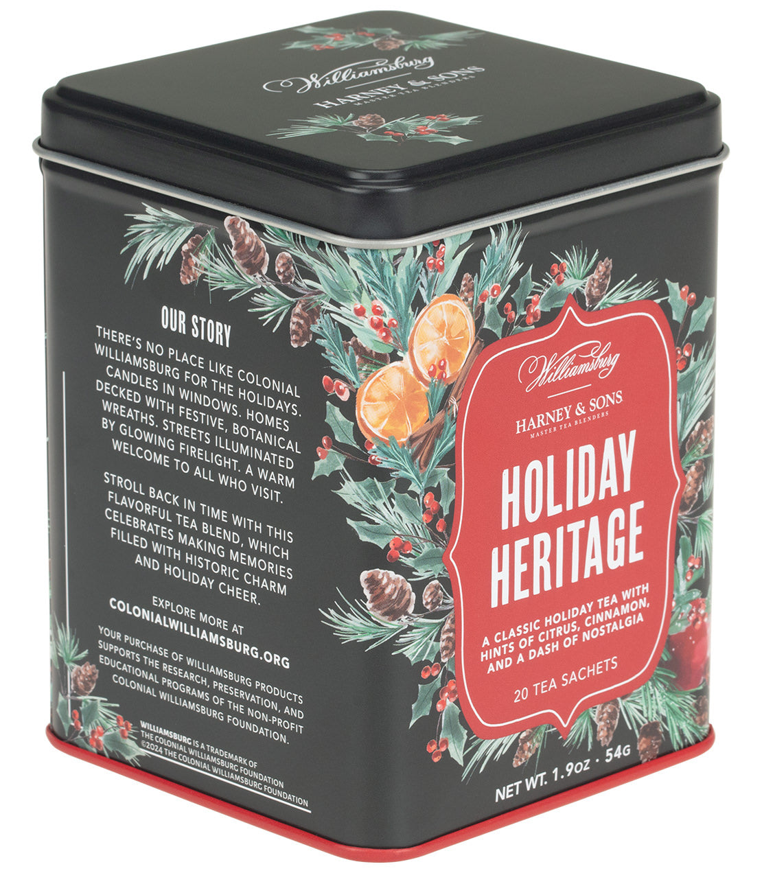 Williamsburg Holiday Heritage Tea tin featuring festive design, containing 20 sachets of spiced tea.