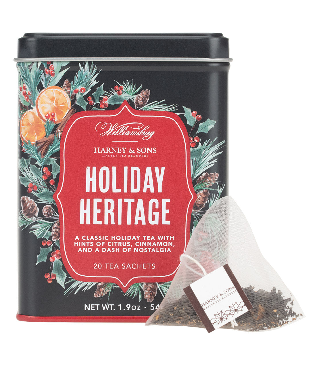 Williamsburg Holiday Heritage Tea tin with 20 sachets, featuring festive design and hints of citrus and cinnamon.