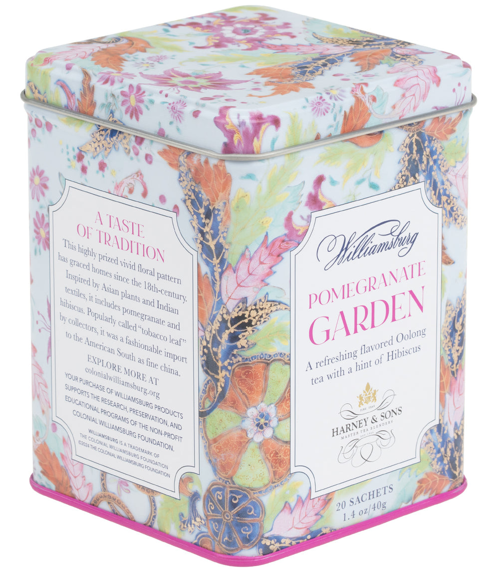Colorful tin of Williamsburg Pomegranate Garden tea sachets, featuring floral design and 20 Oolong tea sachets inside.