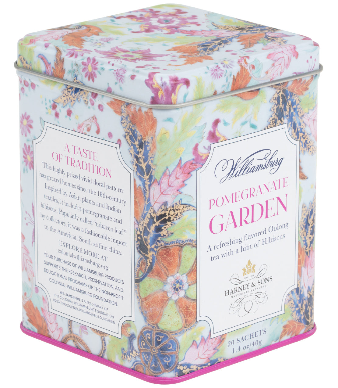 Colorful tin of Williamsburg Pomegranate Garden tea sachets, featuring floral design and 20 Oolong tea sachets inside.