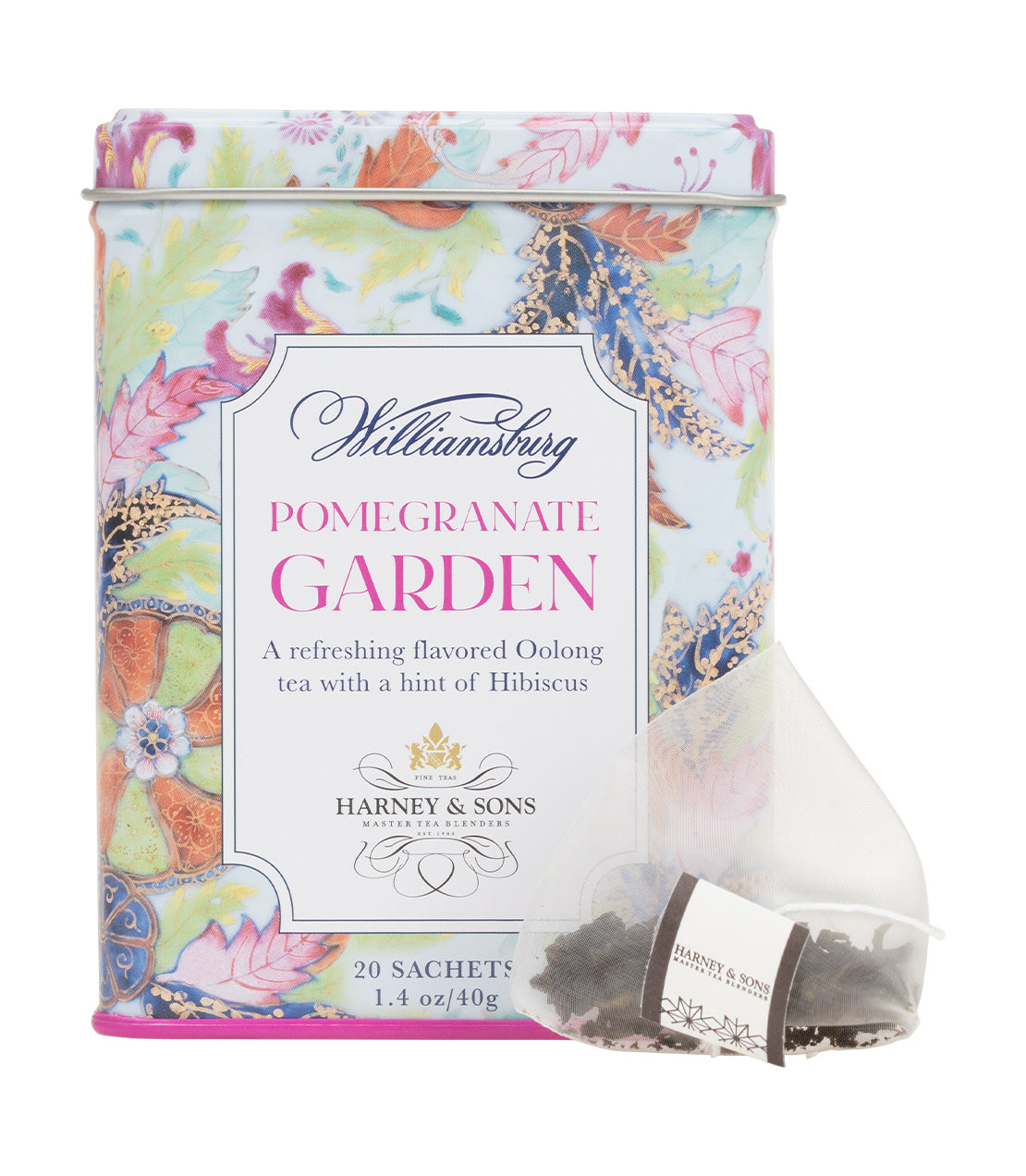 Colorful tin of Williamsburg Pomegranate Garden tea sachets, featuring Oolong tea with hibiscus, contains 20 sachets.