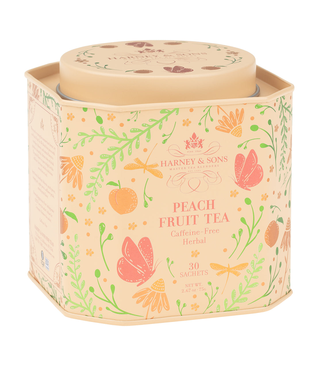 Peach Fruit Tea tin featuring floral design, contains 30 caffeine-free herbal sachets.