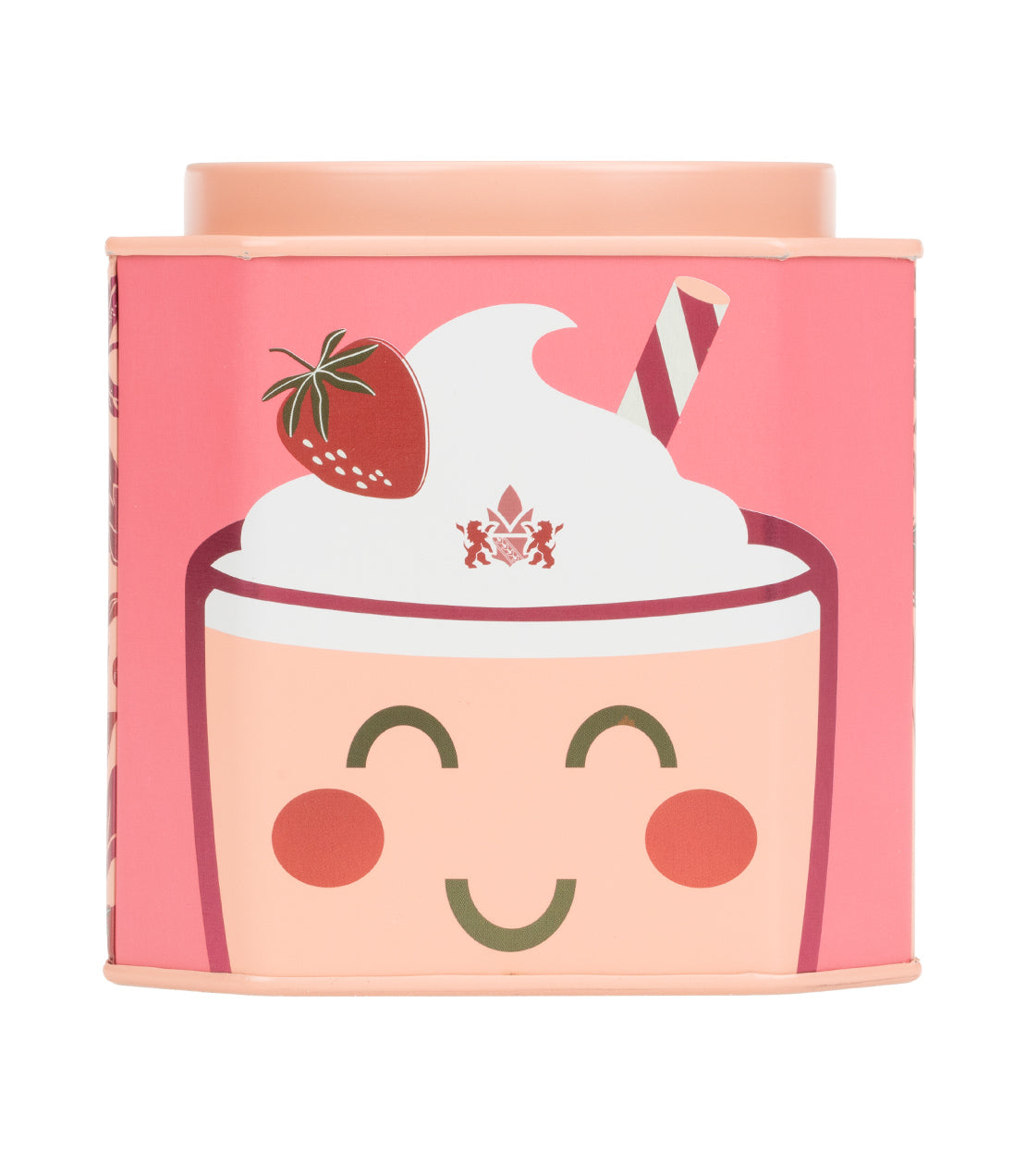 Strawberry milkshake sachet tin featuring a smiling cup design, containing 30 individual servings.