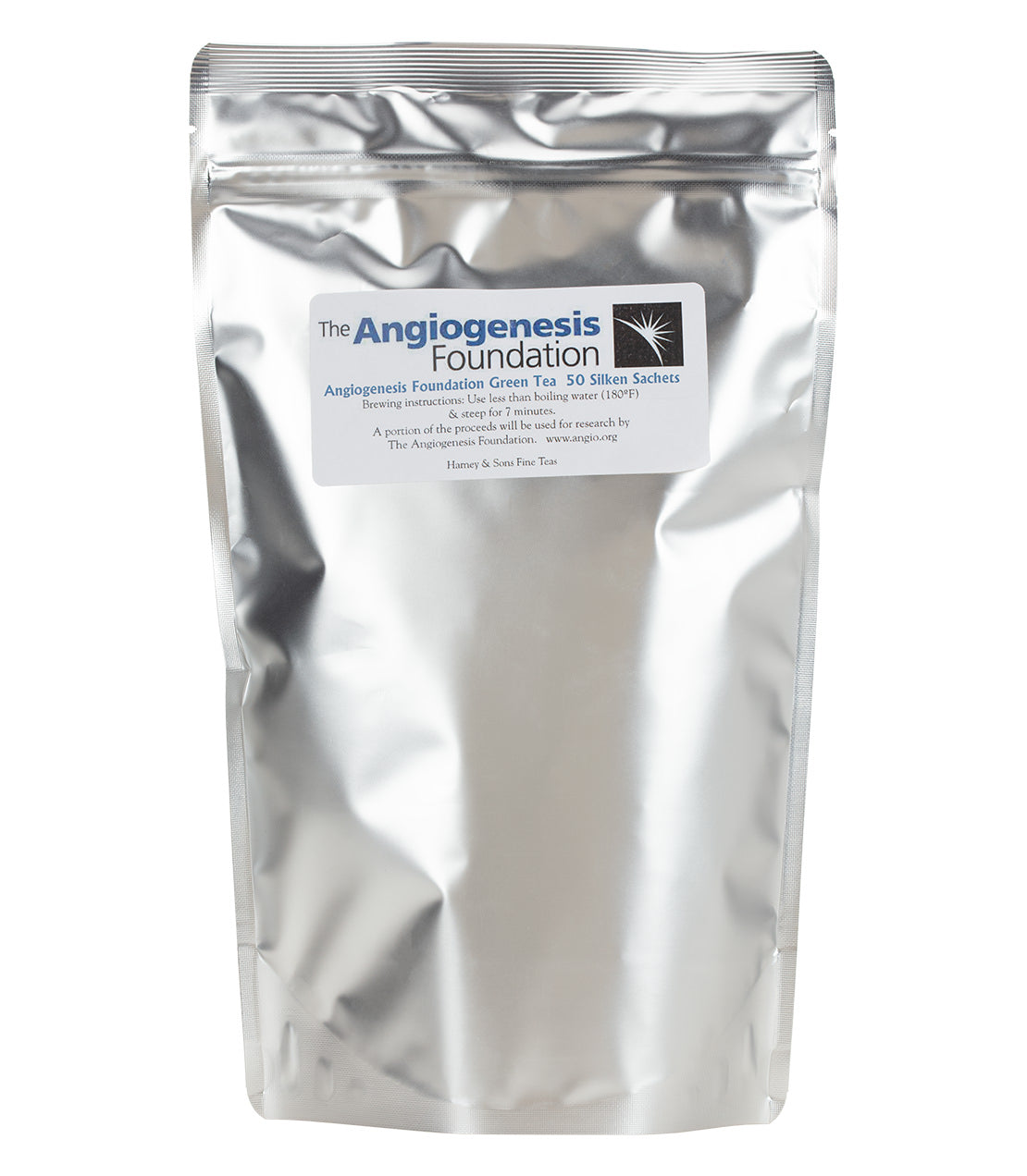 Silver pouch of Angiogenesis Foundation Green Tea containing 50 silk sachets, promoting health and research support.