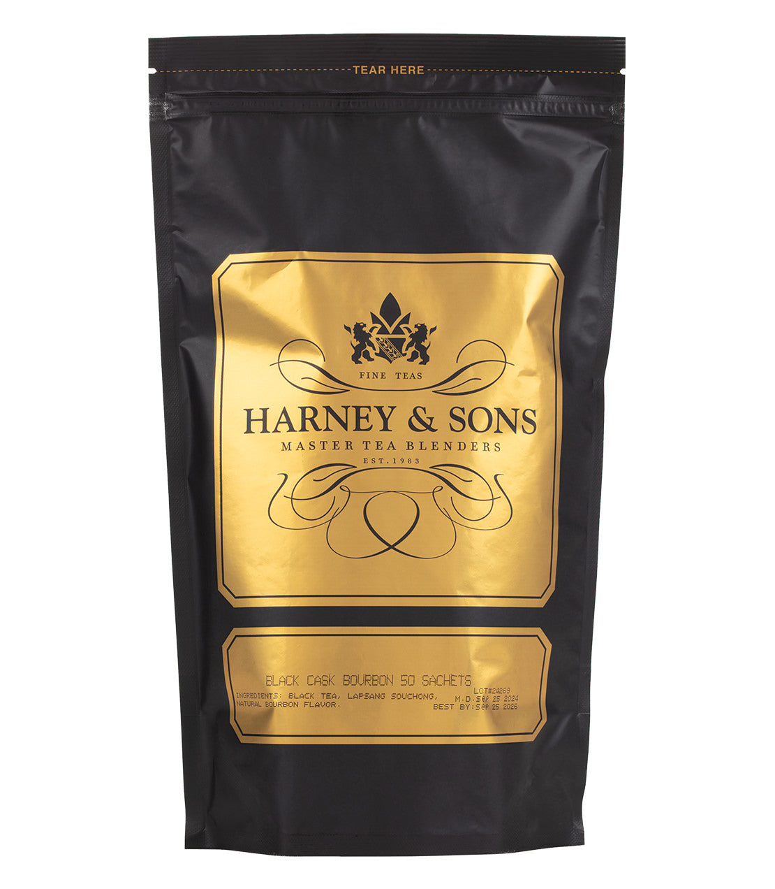 Harney & Sons Black Cask Bourbon tea sachets in a sleek black and gold packaging, featuring 50 tea bags.
