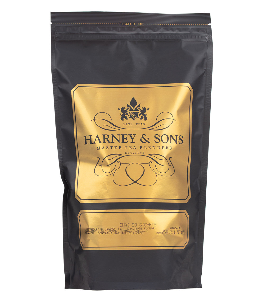 Harney & Sons Chai tea bag packaging, featuring 50 sachets in a sleek black bag with gold accents.