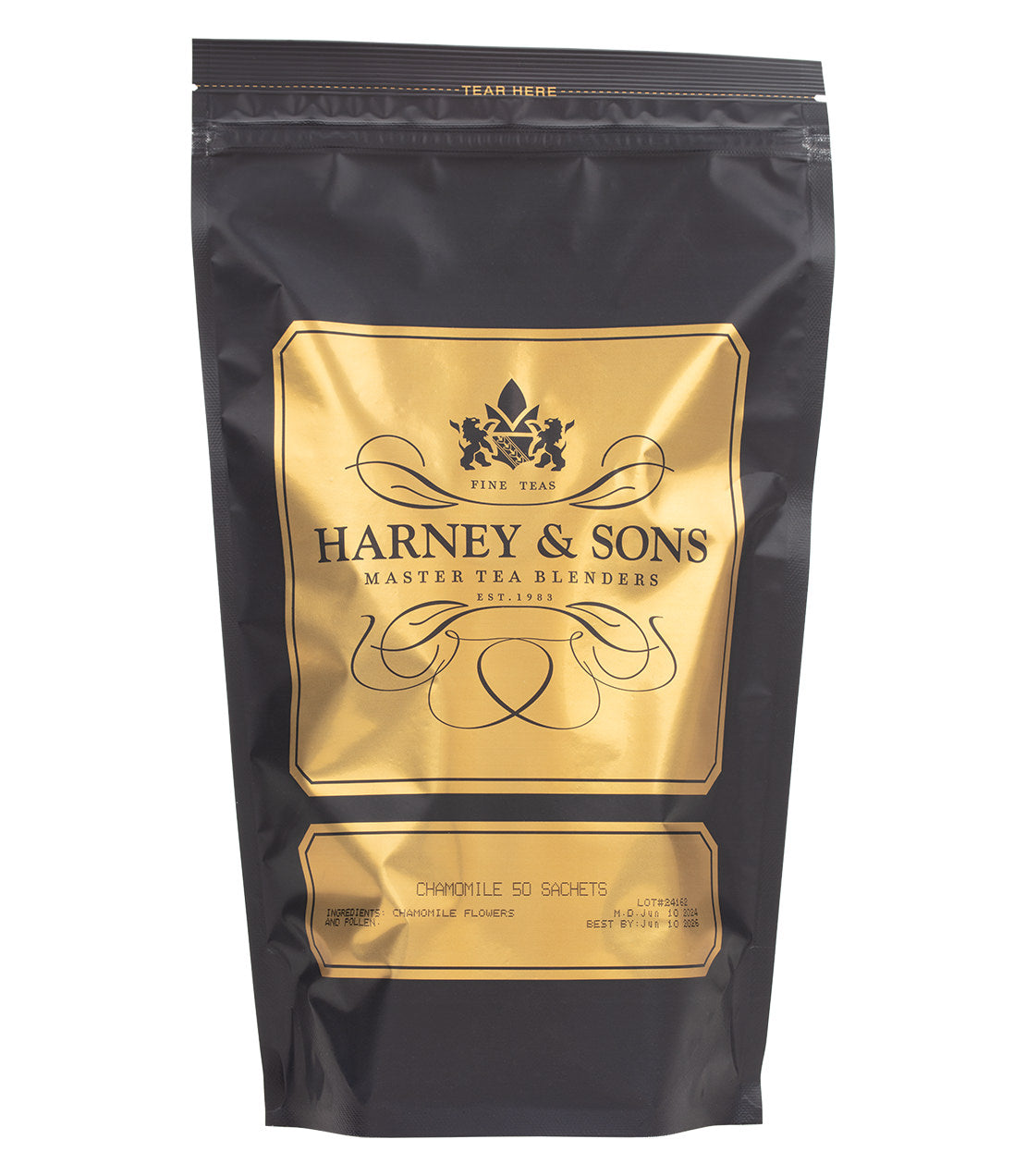 Black bag of Harney & Sons chamomile tea sachets, featuring 50 individual sachets for brewing.