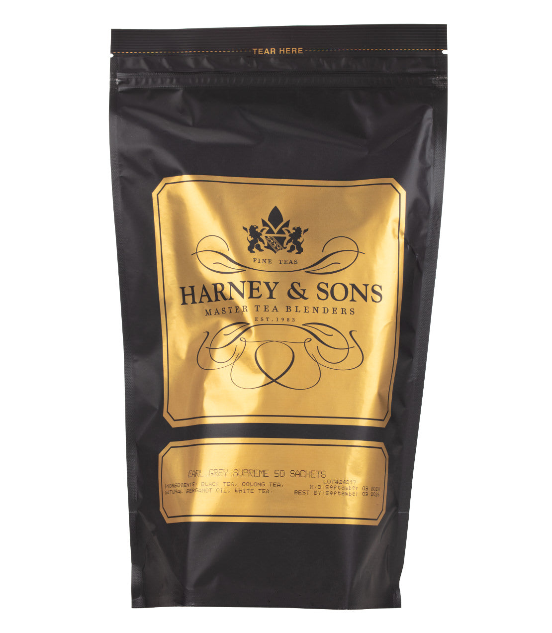 Black tea sachets with bergamot flavor in a sleek black and gold package from Harney & Sons.