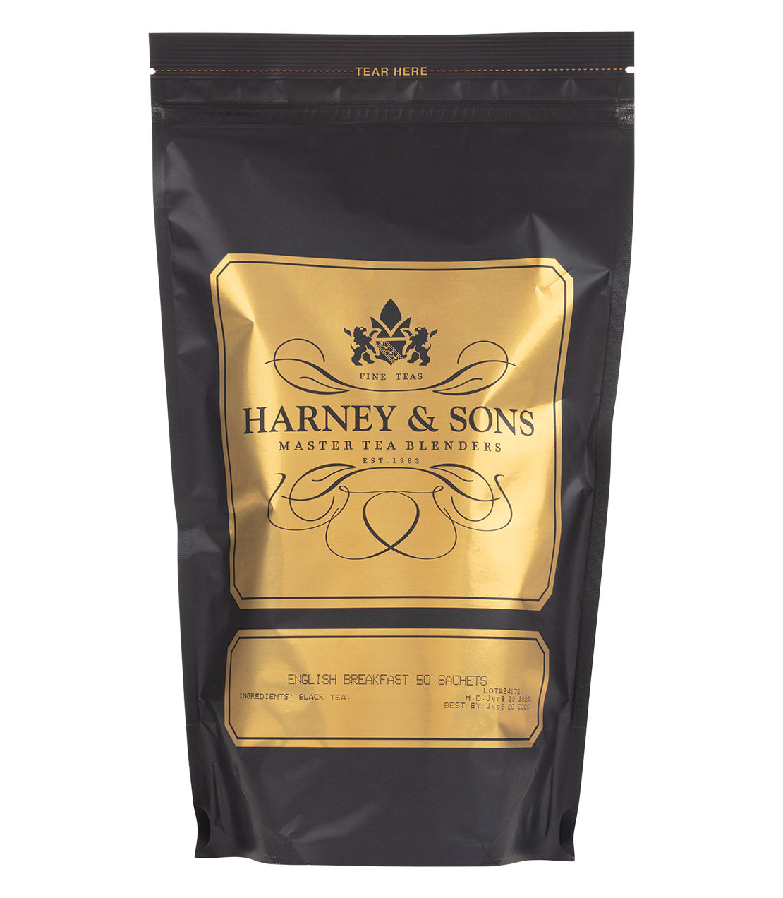 Black tea sachets in a sleek black and gold package labeled "Harney & Sons English Breakfast, 50 sachets.