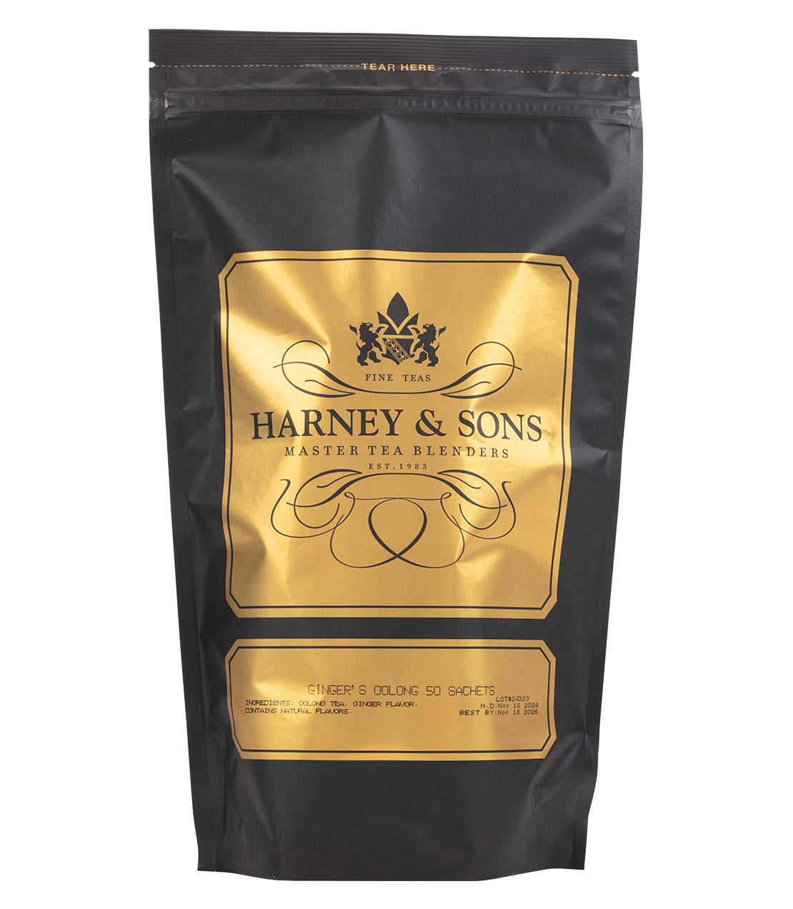 Harney & Sons Ginger's Oolong tea, 50 sachet bag, featuring elegant black packaging with gold accents.