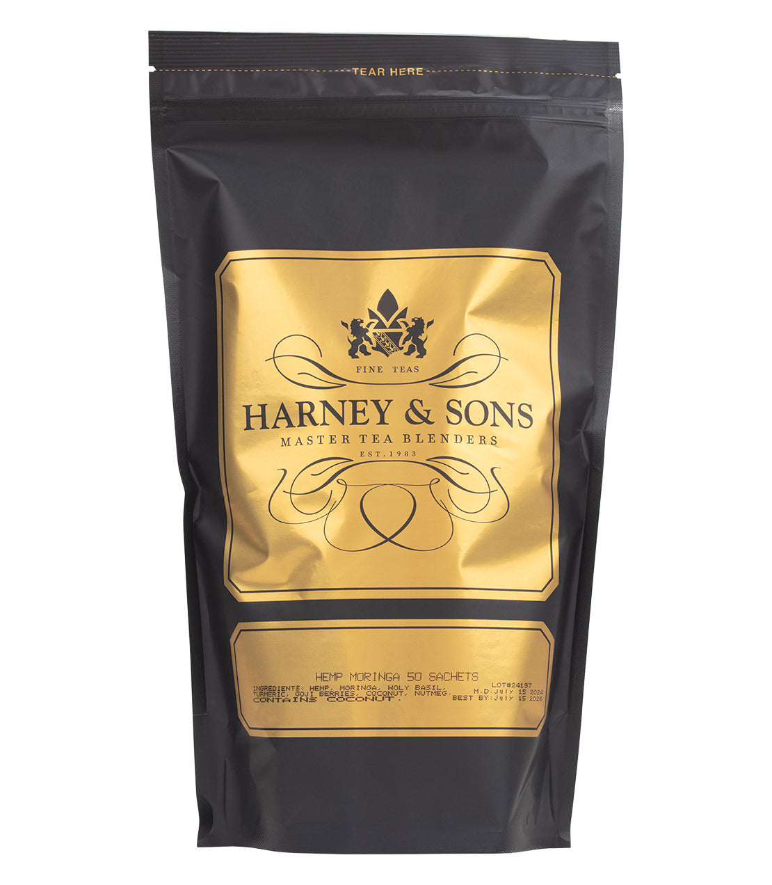 Hemp Moringa Deep Sleep Wellness Blend, 50 sachets in a sleek black and gold bag by Harney & Sons.
