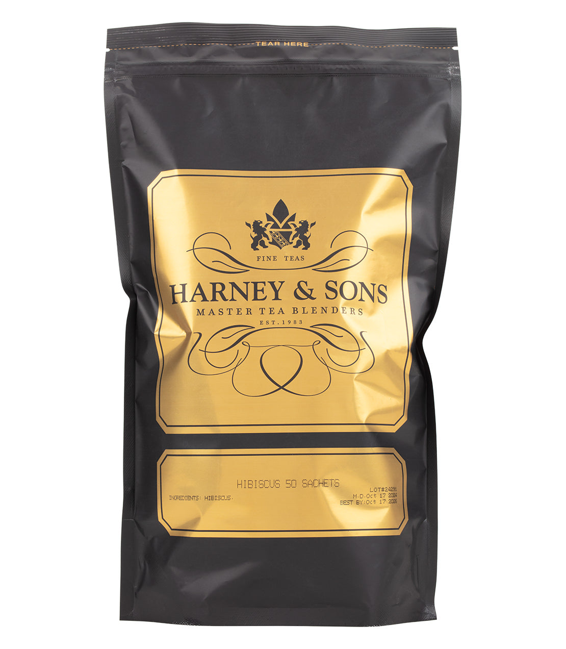 Bag of 50 hibiscus tea sachets by Harney & Sons, featuring elegant black packaging with gold accents.