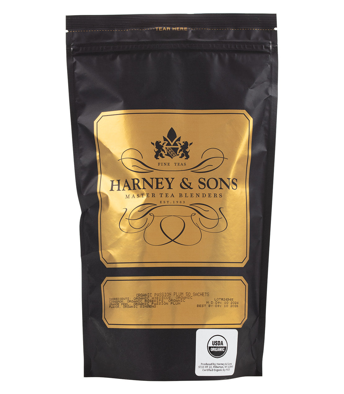 Harney & Sons Fine Teas- Organic Passion Plum- Black and Gold Bag of 50 Sachets