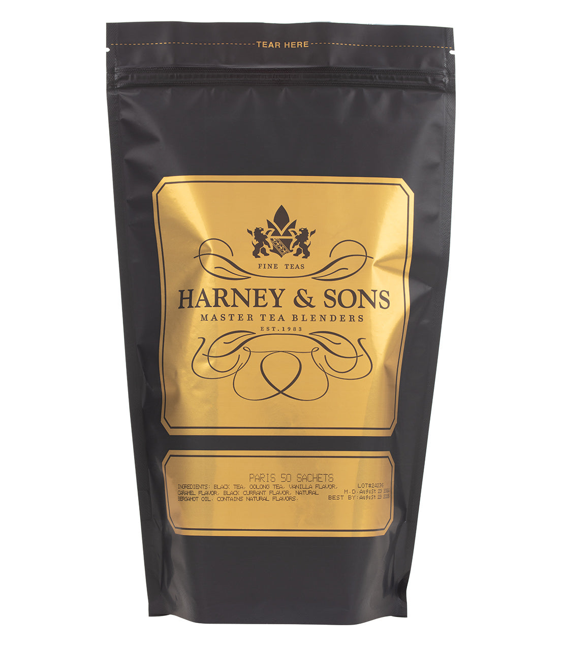 Black bag of 50 Paris tea sachets by Harney & Sons, featuring elegant gold branding and product details.