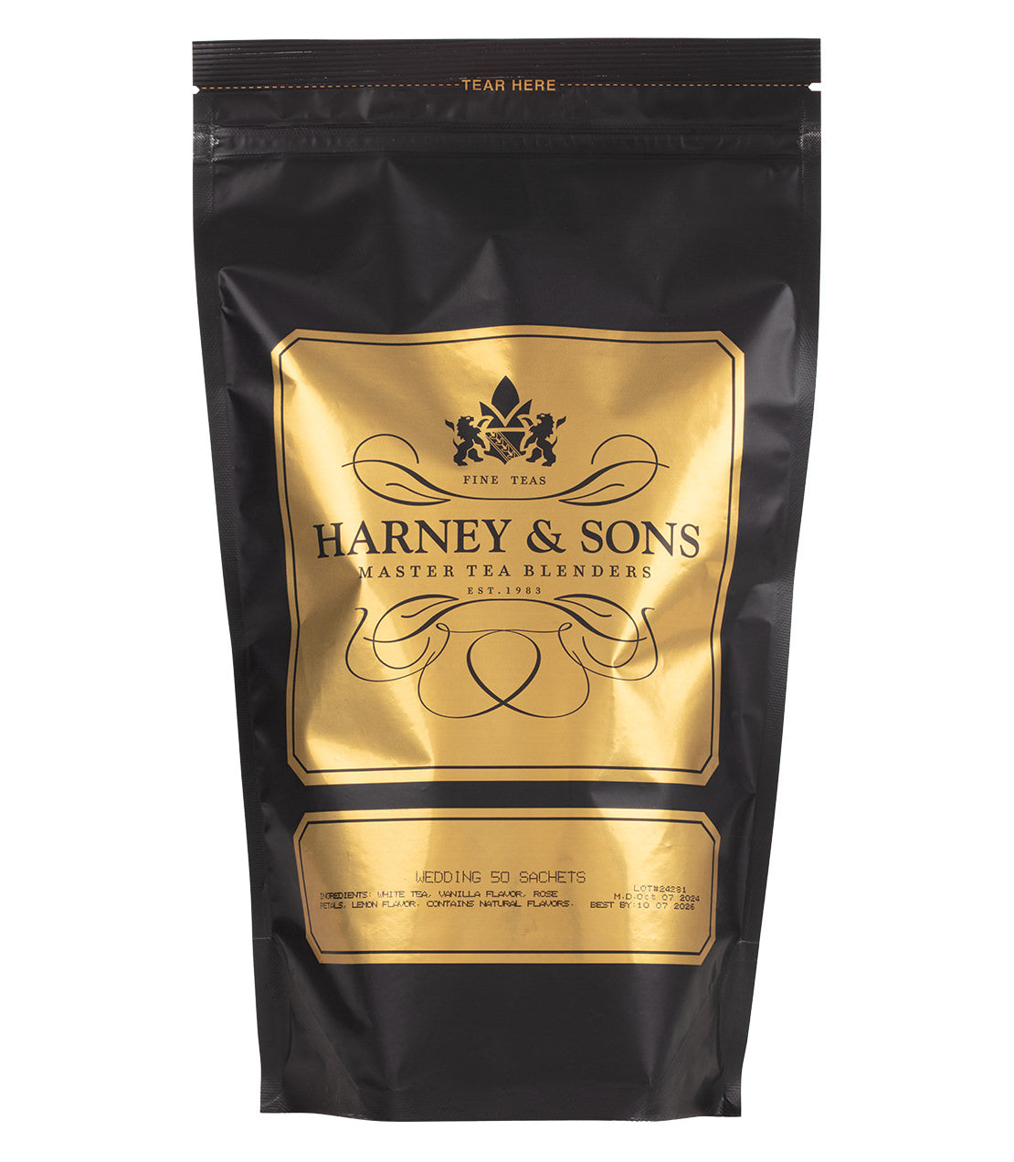 Elegant black packaging of Harney & Sons Wedding Tea, featuring 50 sachets for a special occasion.