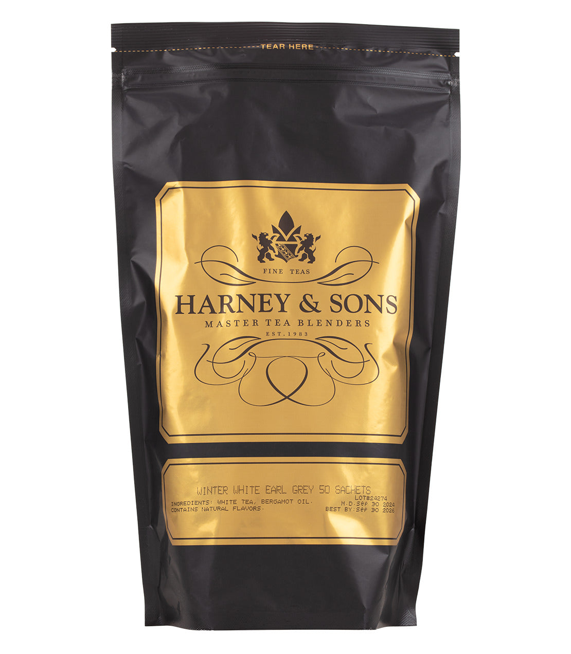 Harney & Sons Winter White Earl Grey tea packaging, featuring 50 sachets with elegant black and gold design.