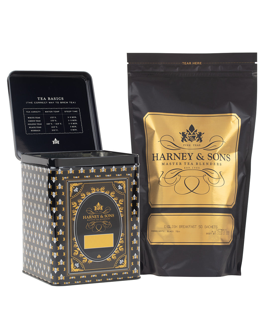 Harney & Sons English Breakfast tea sachets in a decorative hinged canister and a resealable bag.