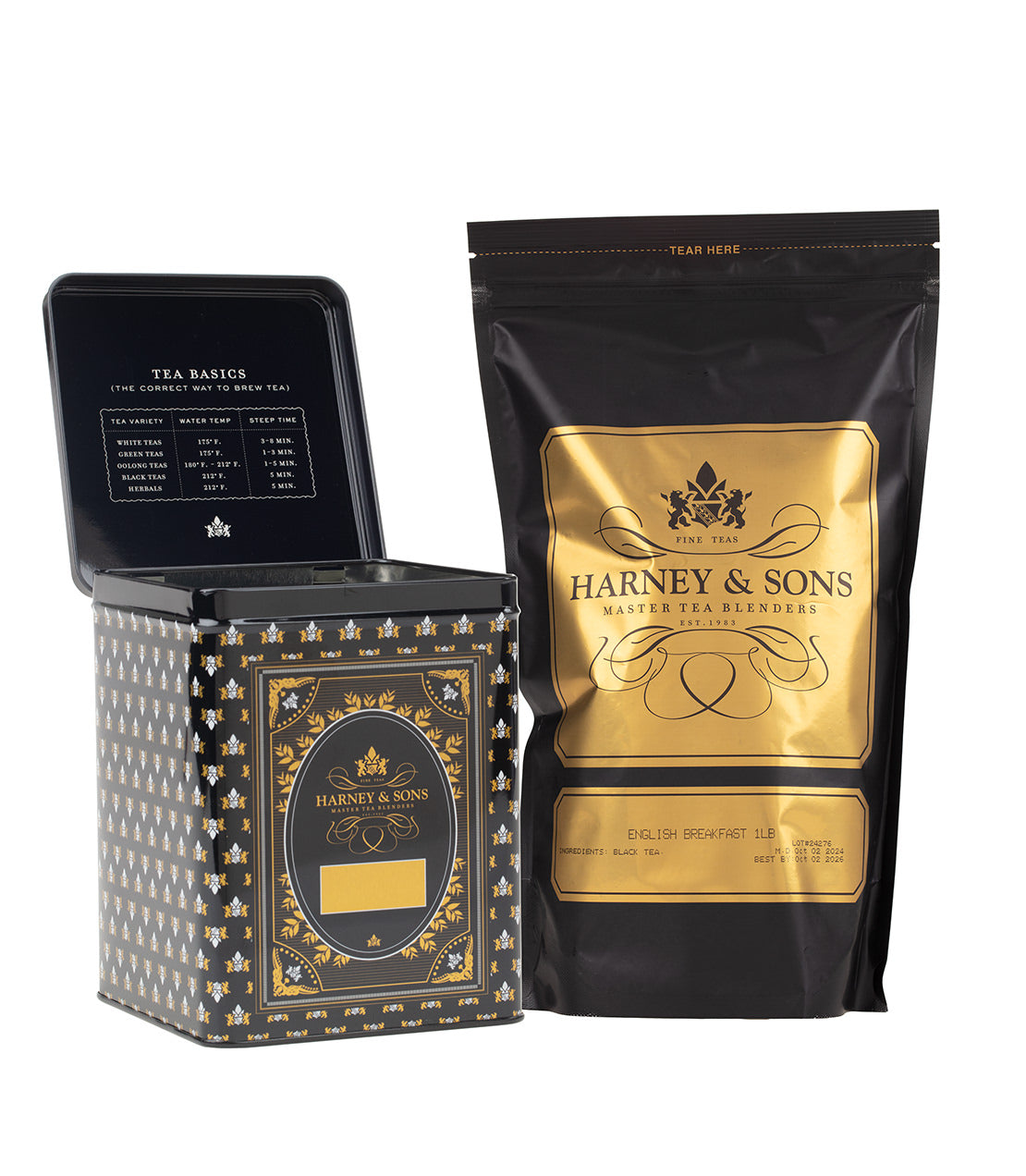 Harney & Sons 50 CT Hinged Canister Bundle featuring English Breakfast Loose Tea in a decorative tin and bag.