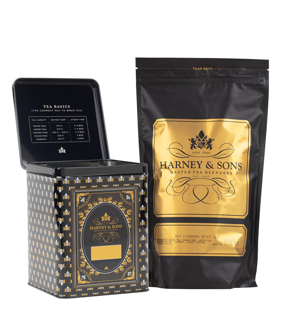 Harney & Sons 50 CT Hinged Canister Bundle featuring Hot Cinnamon Spice Loose Tea in a decorative tin and bag.