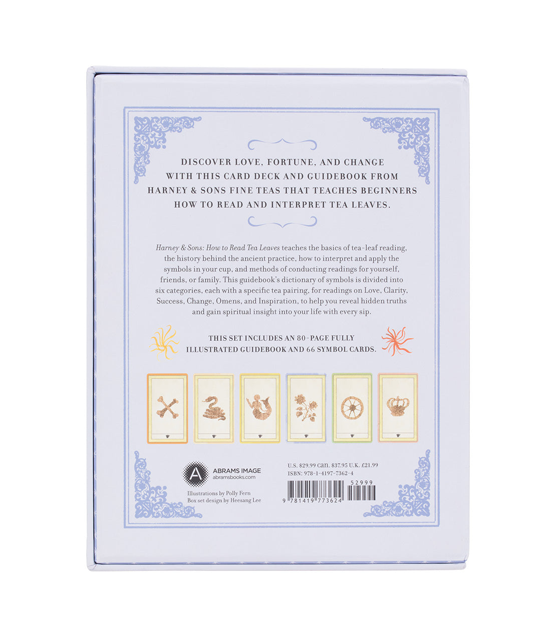 Back cover of "Harney & Sons: How to Read Tea Leaves" guidebook and card deck, featuring illustrations and description.