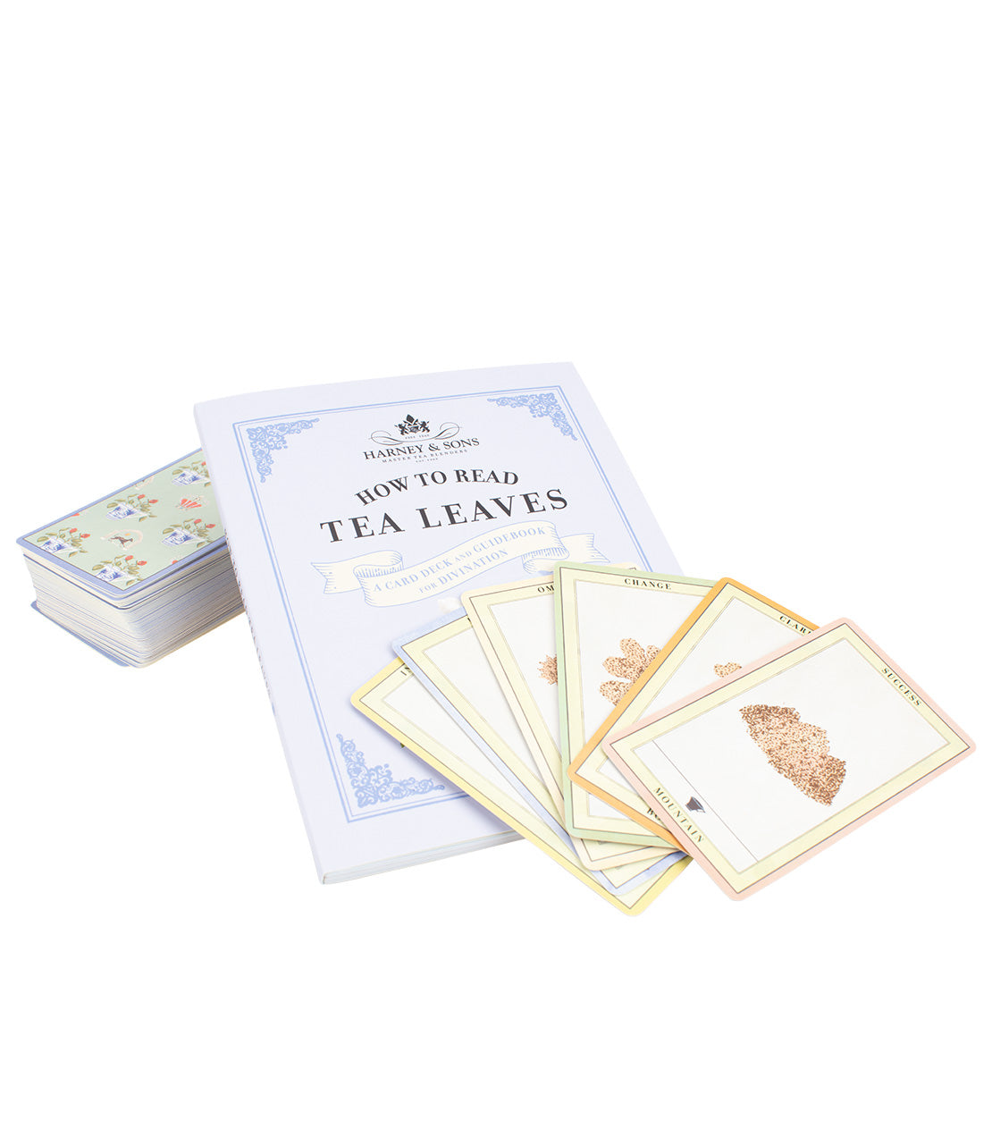 Harney & Sons 'How to Read Tea Leaves' book with illustrated cards for tea leaf reading.