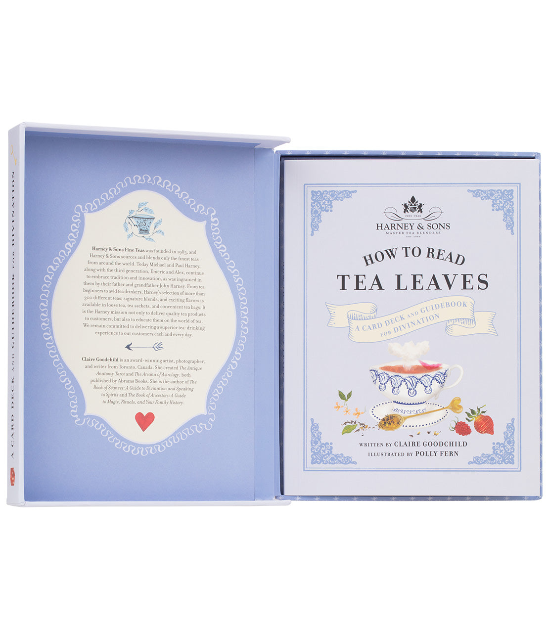 "Harney & Sons book 'How to Read Tea Leaves' featuring illustrations and guidance on tea leaf divination.