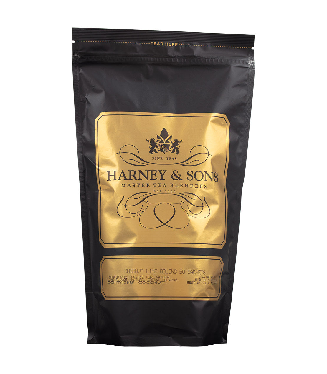 Harney & Sons Coconut Lime Oolong tea pouch, featuring a gold and black design with 50 tea sachets.