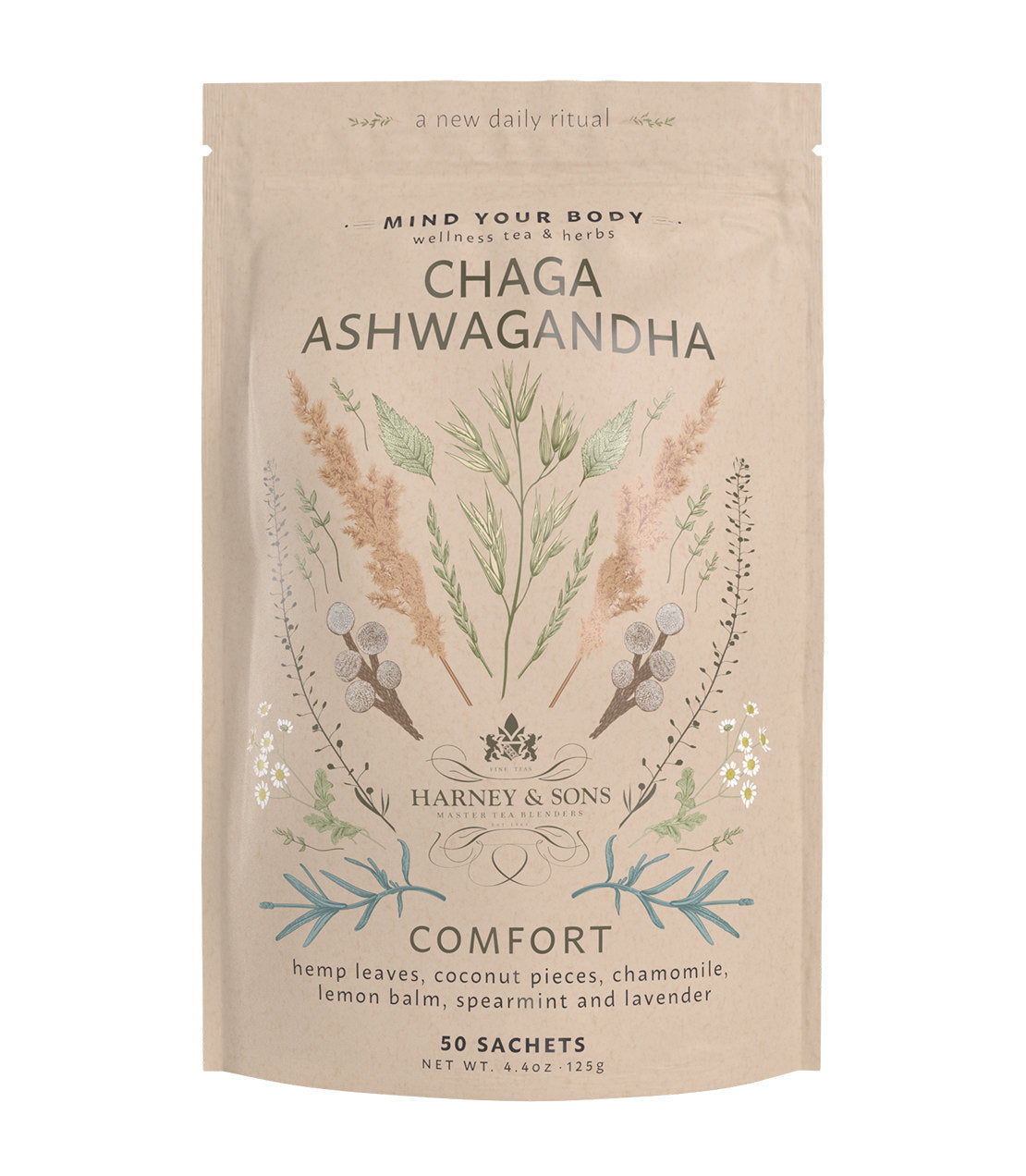 Chaga Ashwagandha herbal tea packaging featuring botanical illustrations and a comfort label, 50 sachets.