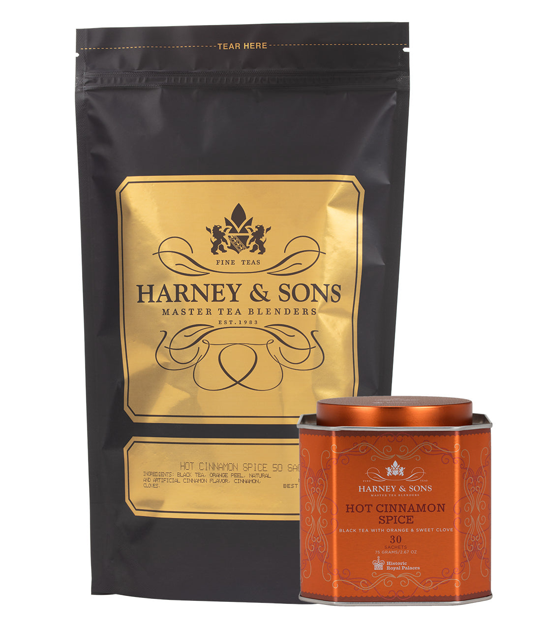 Harney & Sons Hot Cinnamon Spice Tea Lover Bundle featuring a black bag and an orange tin of tea.