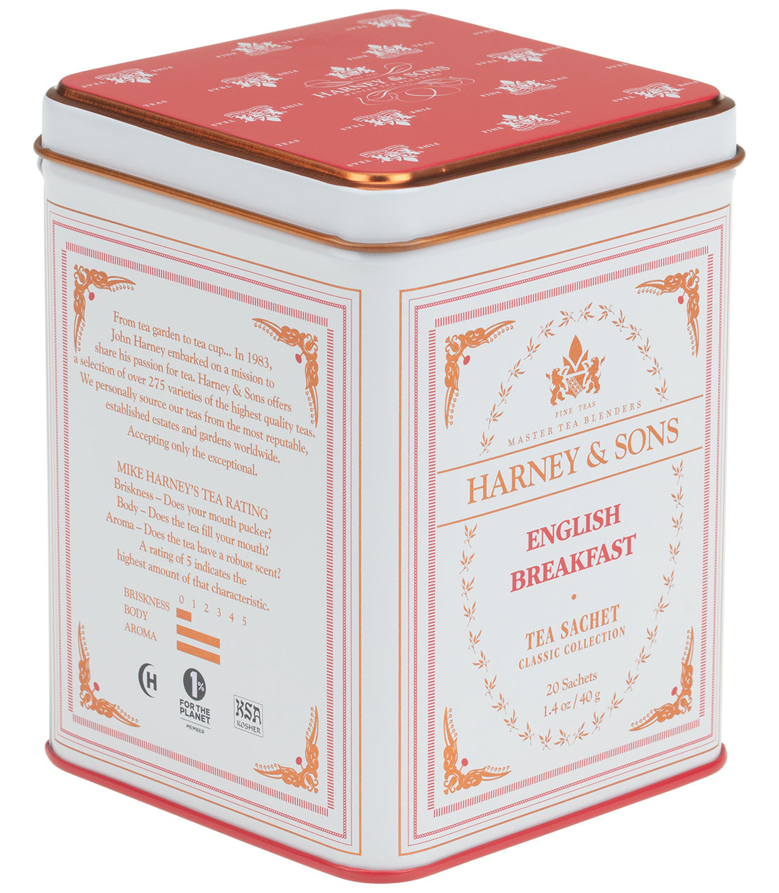 Harney & Sons English Breakfast tea tin, featuring a classic design and containing 20 tea sachets.