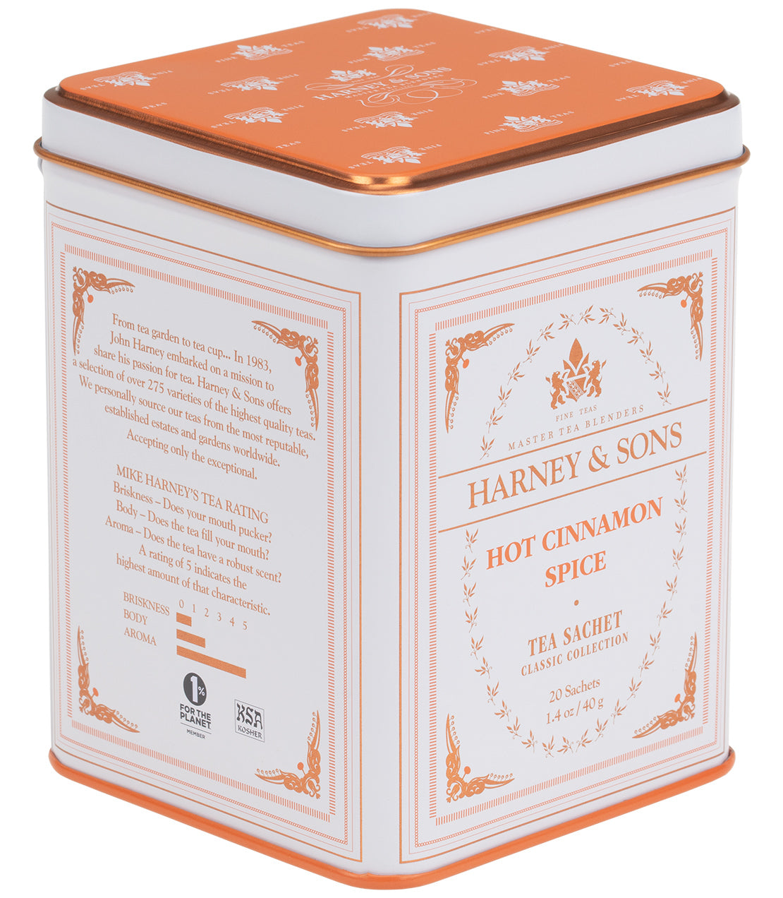 Classic tin of 20 Hot Cinnamon Spice tea sachets by Harney & Sons, featuring elegant orange and white design.
