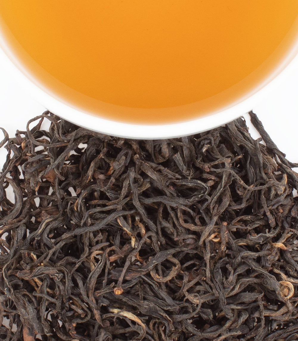 Golden Eyebrow tea leaves with a cup of brewed amber tea above, showcasing rich color and texture.