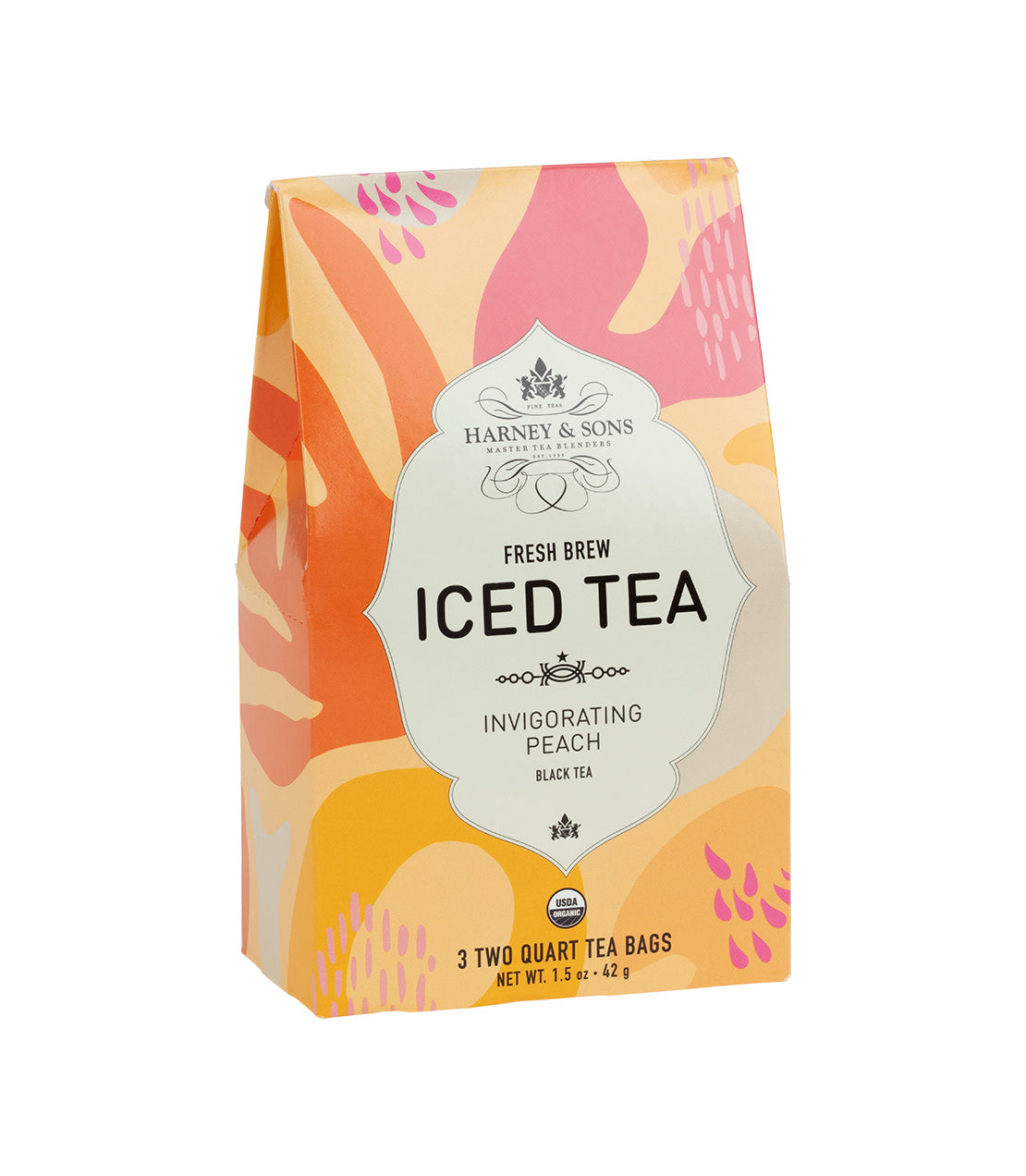 Harney & Sons Peach Fresh Brew Iced Tea packaging featuring vibrant colors and floral design, 3 two-quart tea bags.