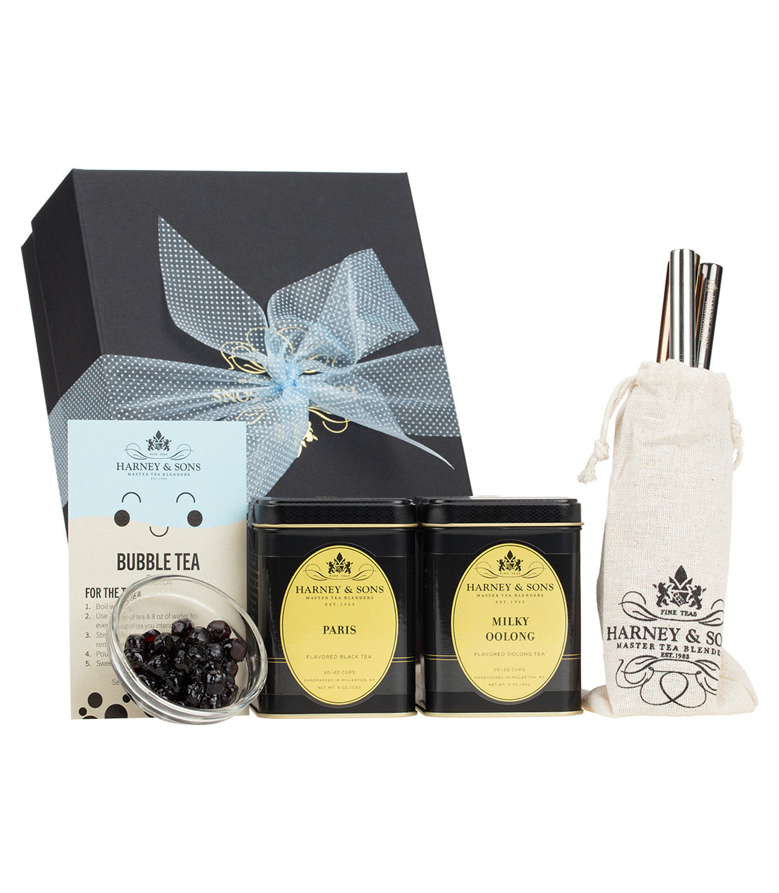 Harney & Sons Bubble Tea Set featuring tea tins, tapioca pearls, reusable straws, and a gift box.