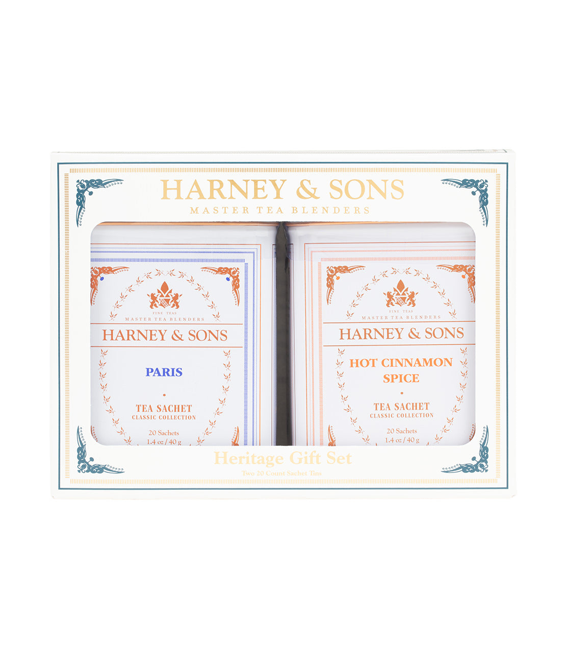 Harney & Sons Heritage Gift Set Classic featuring Paris and Hot Cinnamon Spice tea sachets in elegant packaging.