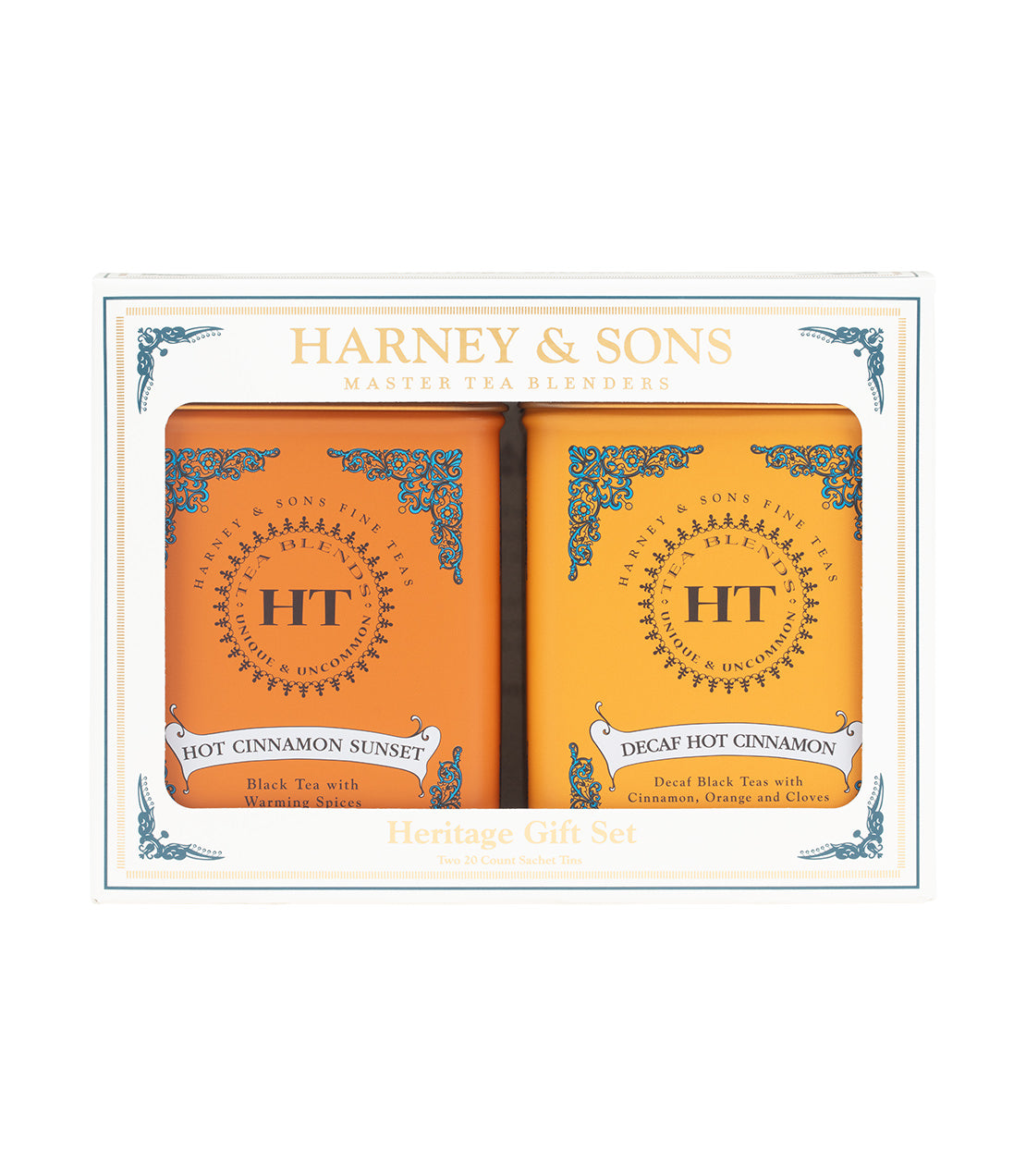 Heritage Gift Set HT by Harney & Sons featuring Hot Cinnamon Sunset and Decaf Hot Cinnamon teas in decorative packaging.
