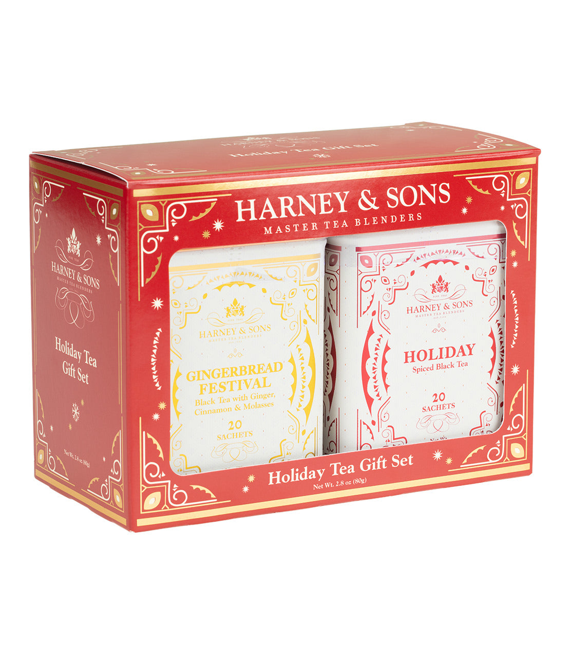 Harney & Sons Heritage Gift Set featuring Gingerbread Festival and Holiday Spiced Black Tea, 20 sachets each.
