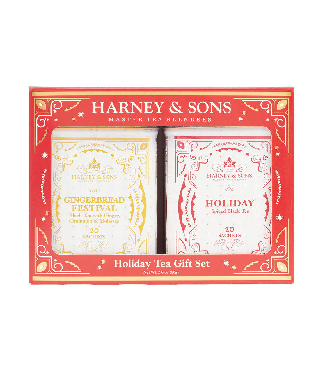 Harney & Sons Heritage Gift Set featuring Gingerbread Festival and Holiday spiced black tea sachets.
