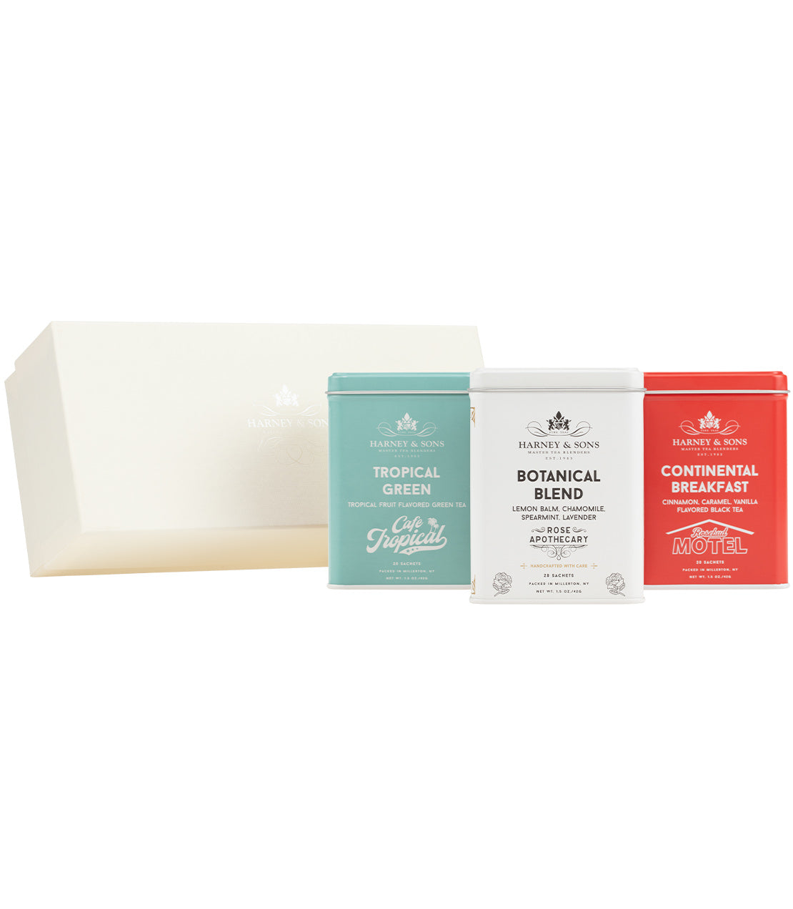 Schitt's Creek Trio Gift Set featuring three tea tins: Tropical Green, Botanical Blend, and Continental Breakfast.