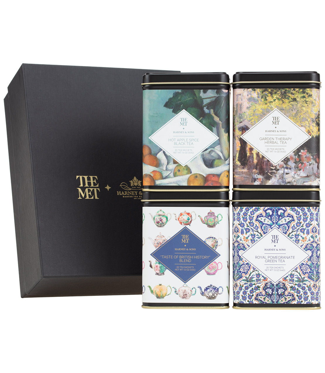 Elegant gift set from The Met featuring four decorative tea tins, each showcasing unique artwork and flavors.