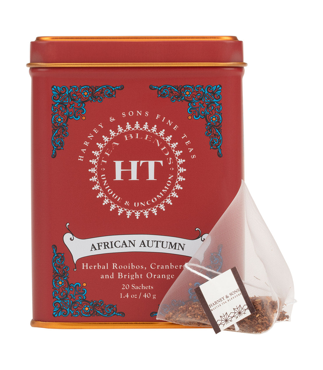 Red tin of African Autumn tea sachets by Harney & Sons, featuring rooibos, cranberry, and bright orange flavors.