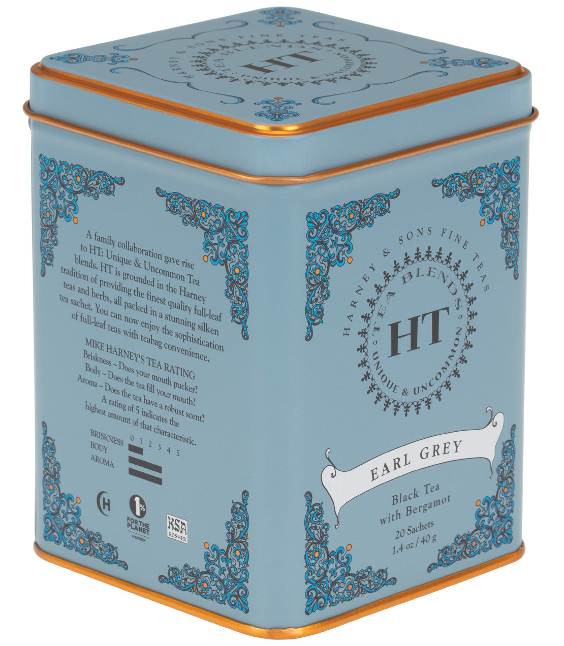 Earl Grey tea tin featuring 20 sachets, elegantly designed with blue and gold accents, perfect for tea lovers.